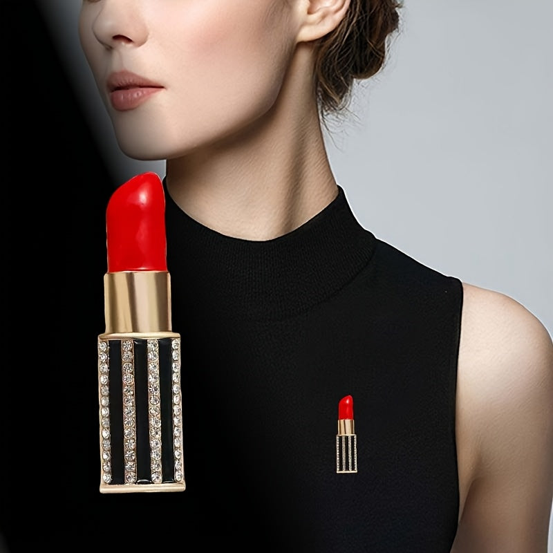 TEMU 1pc Vintage Red Brooch Pin - Alloy Lipstick-shaped Jewelry For Women, Sparkling Clothing Accessory For Sweaters, Coats, Dresses & Backpacks,