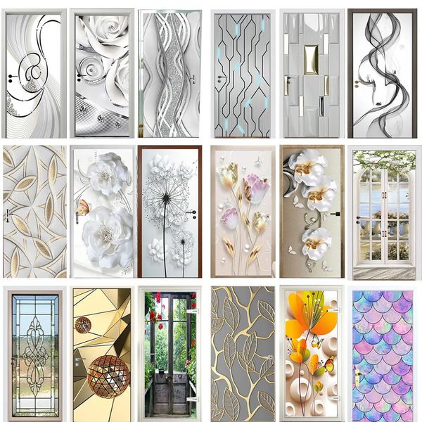 PG Modern Door Sticker Simulate Glass Pattern Geometric Seldhesive wer Wall Waterproof Washing Room Home Decor Decal 240329