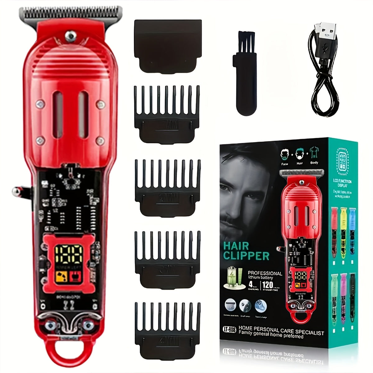 TEMU Professional &shaving Kit, Red Hair Clippers, Rechargeable Trimmer With Lcd Display, Usb Rechargeable, 4 Guide Combs, Trimmer And Shaver, With