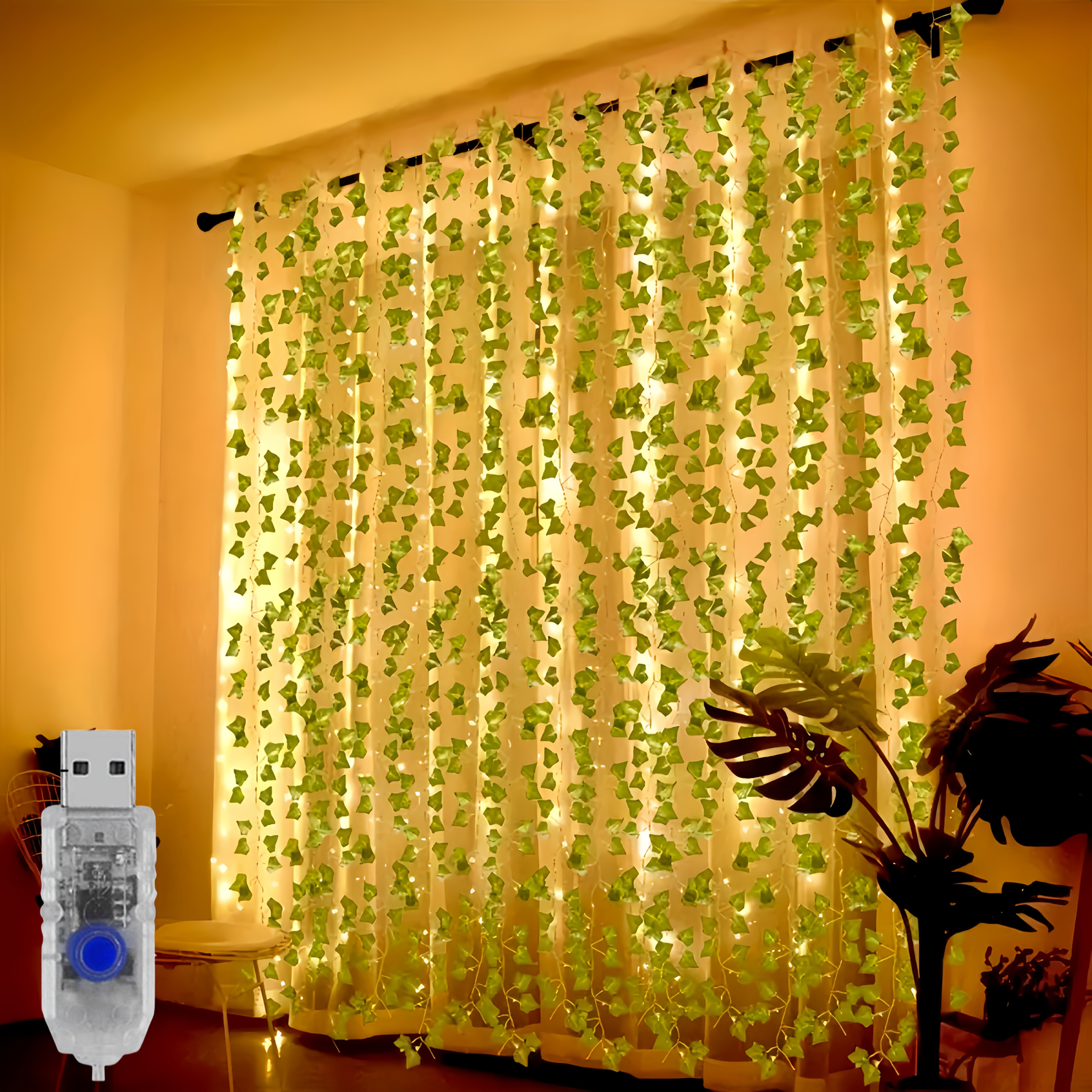 TEMU 1pc Usb-powered Artificial Ivy Vine Lights - 3x1m-9.84x3.28ft, 8 (warm White To Cool White) - Realistic Fake Leaf Greenery Curtain For Home,