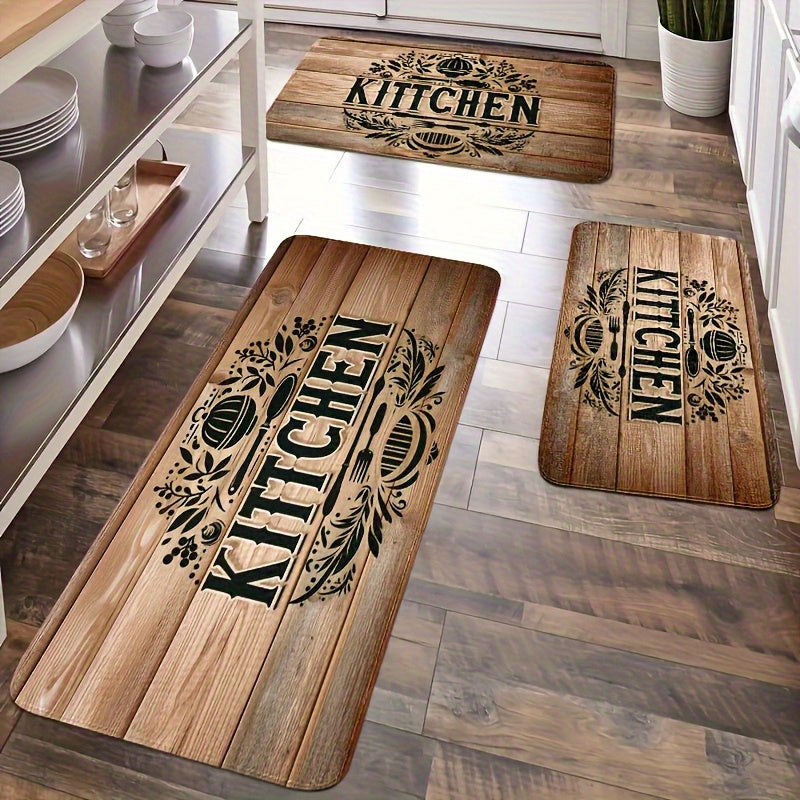 TEMU 2-3pcs Wood Grain Design Kitchen Floor Mat, Brown And Black, Machine Washable, High Plush Polyester Flannel Carpet, Suitable For Kitchen,