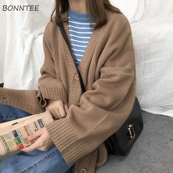 Women&#039;s Knits Tees Sweater Knitting Cardigans Casual Spring V Neck Long Sleeve Daily Solid Mujer Clothes Single Breasted Brown College