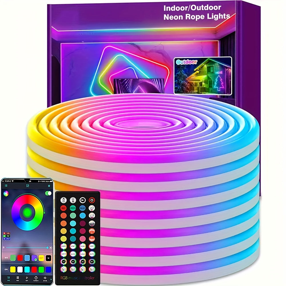 TEMU Led Neon Rope Lights Music Sync Ip65 Waterproof Flexible Led Rope Lights 44key Remote-app Control, Outdoor Rgb Neon Lights, Diy Wall Decor Neon