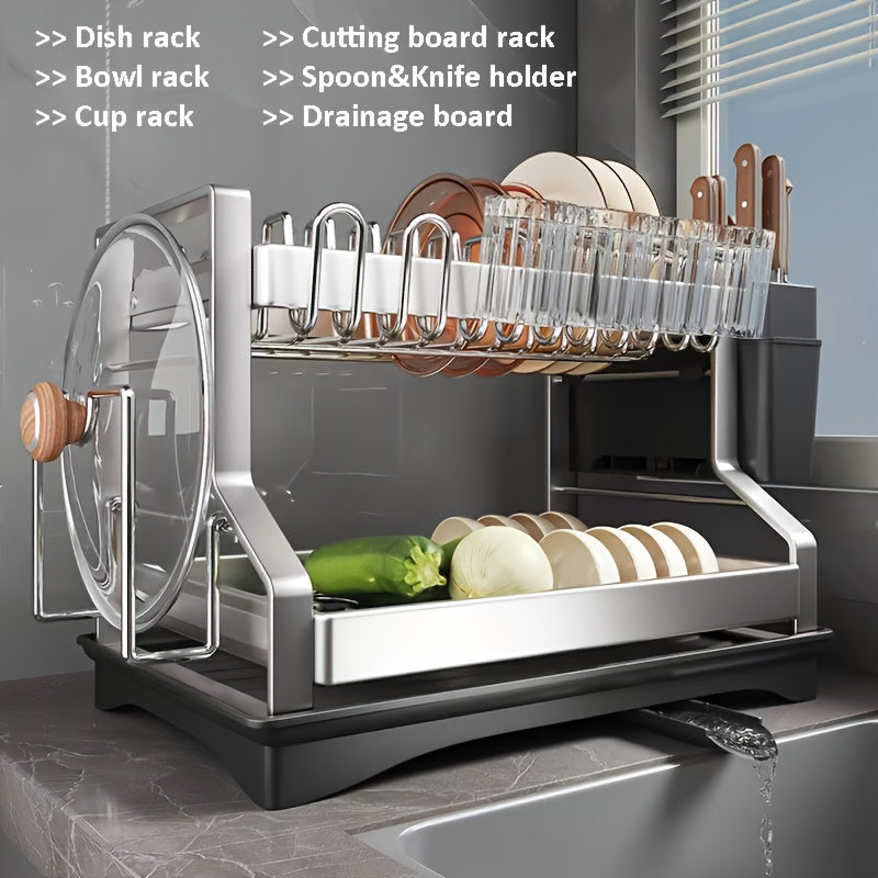 TEMU Stainless Steel Dish Drying Rack - Space-saving 2-tier Kitchen Organizer With Automatic Drainage Pipe, Compact Dish Drying Rack For Plates,