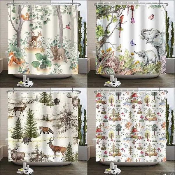 Forest Animals Shower Curtain jungle Trees Plant Wildlife Bird Bear Elk Fox Deer Modern Minimalist Kids Bathroom Shower Curtain M240824
