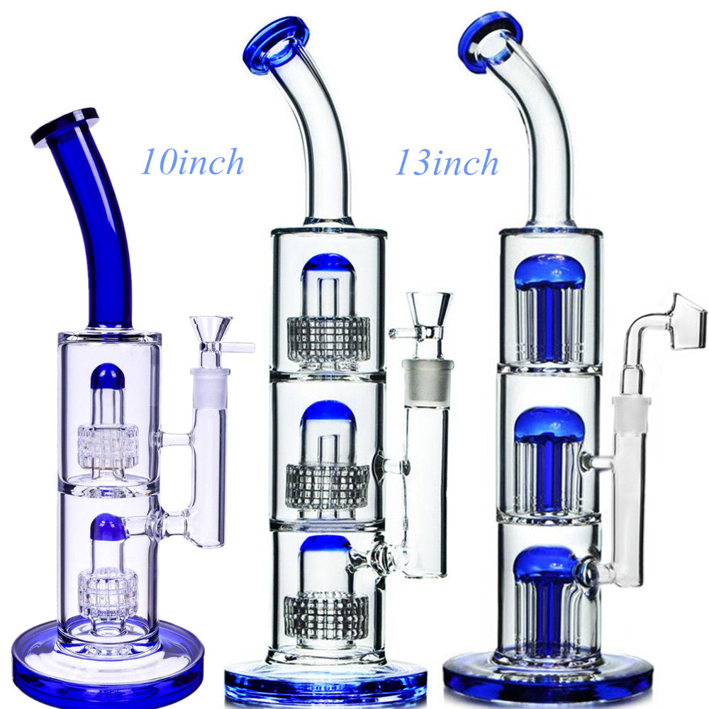 13inch Double Three Chamber Glass Bong Hookahs Blue Stereo Matrix Water Pipes Arm Tree Perc Smoking Pipe Recycler Dab Rig Bubblers