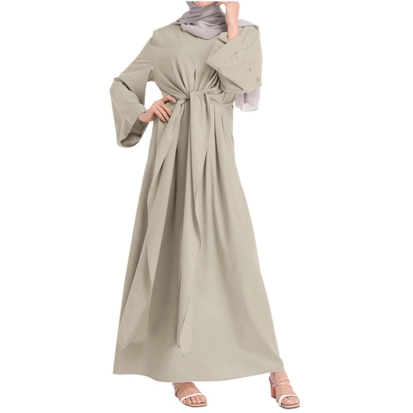 (442) New Beautiful Fashionable Solid Color Elegant Simple Connecting Belt Dress Robe