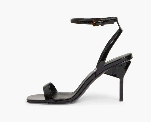 2024 SS Woman sandal Black leather Geometric-heel 85 mm satin heeled sandal high-heeled Sandali Ankle Strap pumps wedding party dress shoes