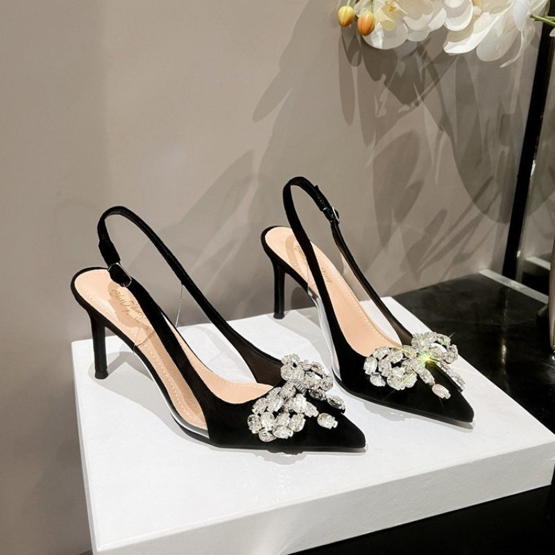 Summer New Hollow Women&#039;s Sandals Thin Heels Korean Version Of Bow Satin Pointy Pumps