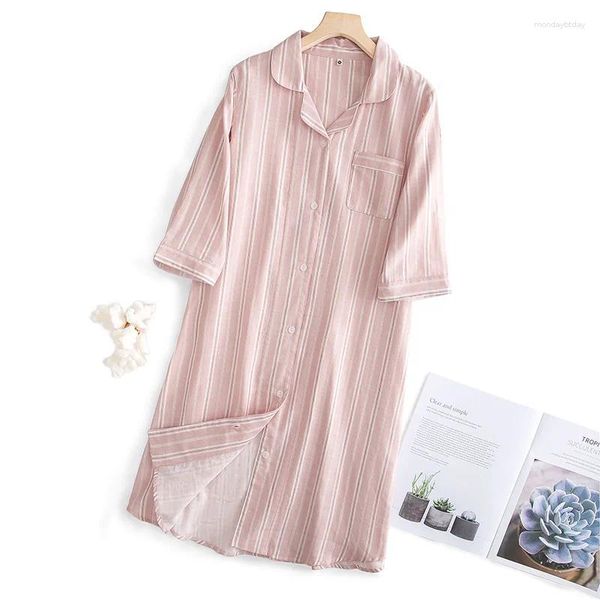 Women&#039;s Sleepwear Nightgowns Lapel 3-4 Sleeve Length Sleep Shirt Pure Cotton Striped Spring Autumn Night Dress Loose Nightwear Female B