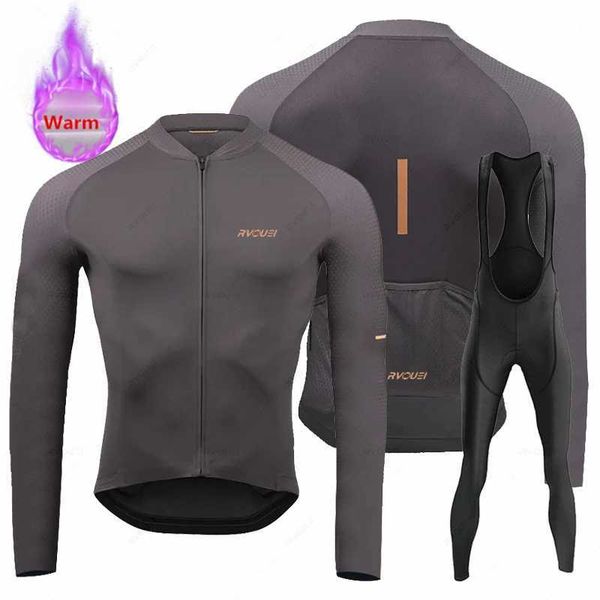 Cycling Jersey Sets Rvouei New Winter Cycling Clothes Set Man Thermal Fleece Jersey Suit Sport Riding Bike MTB Clothing Bib Pants Sets Ropa