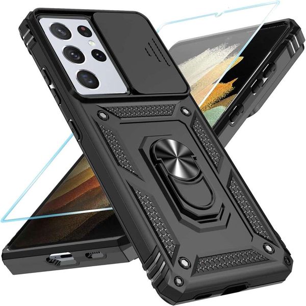 Galaxy 5G with HD Screen Protector Slide Camera Cover Rotated Ring Kickstand, Military-Grade 2 in 1 Phone Case for Galaxy S21 Ultra