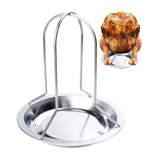 LMETJMA Chicken Roaster Rack With Bowl Carbon Steel Beer Can Chicken Turkey Roaster BBQ Grill Rack Stand Holder Tray KC0229 220822