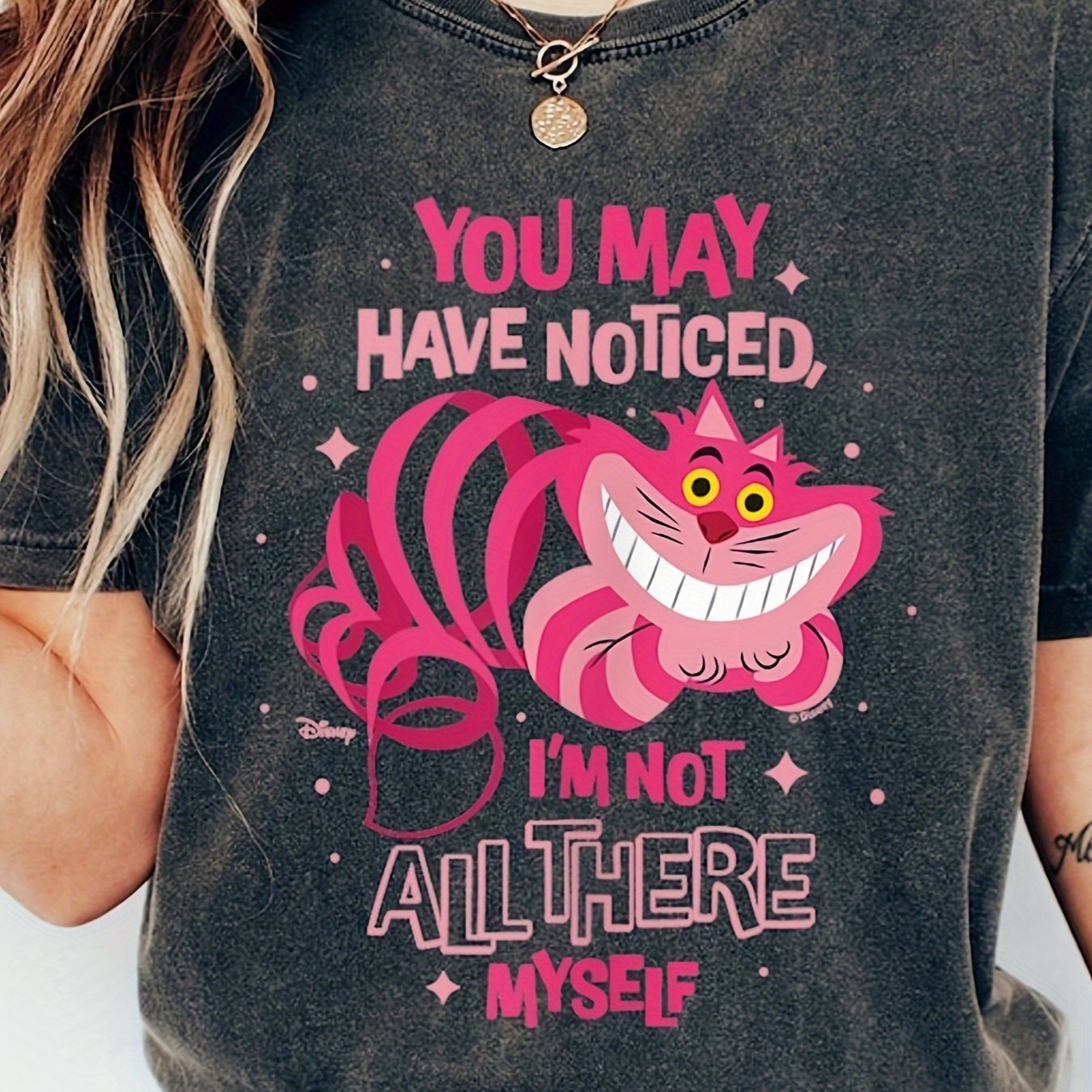 TEMU Lady Kitchali Women's Plus Size Vintage Alice In Cat "" Graphic T-shirt - Soft Short Sleeve Casual Top With Pink Striped Cat & , Family Vacation