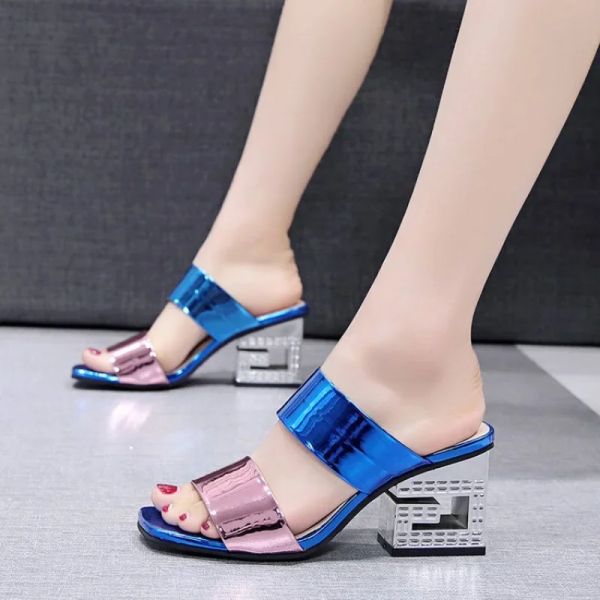 Women Fashion Patent Leather Sandals 2024 Summer Thick High Heels Slippers Woman Outdoor Solid Color Slip on Beach Flip ps 76fd