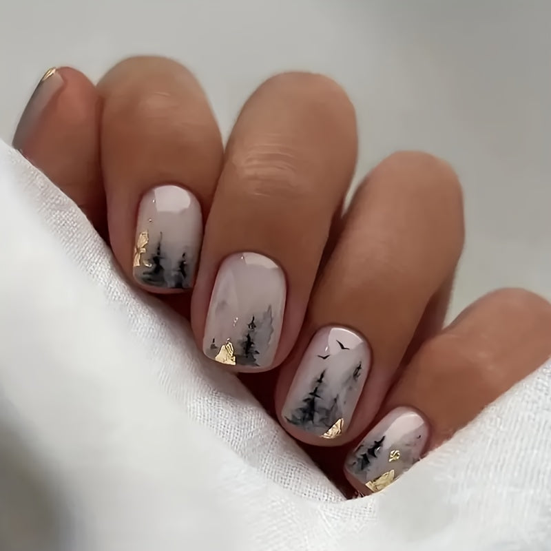 TEMU 24pcs Short Square Press-on Nails - Elegant Gradient Design With Golden Accents, Glossy Finish, Removable Nail Extension Set Includes Jelly Glue