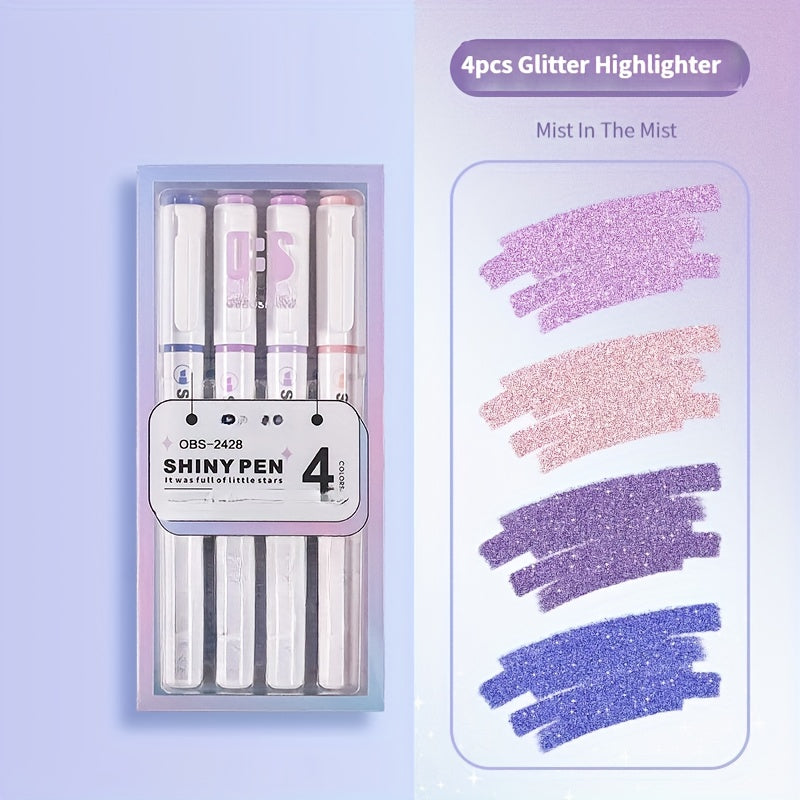 TEMU 4pcs Snihs Glitter Highlighter Pens - Soft Pastel Colors With Sparkling Effect, Fine Tip Markers For School Supplies, Scrapbooking & Kawaii