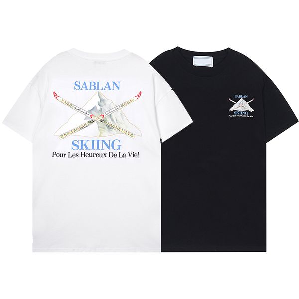 USA 24ss Snow Mountain Sled Skiing Print Tee Skateboard Men t shirt Women Street Casual Cotton Graphic T-shirt Size S-XXXL 0713