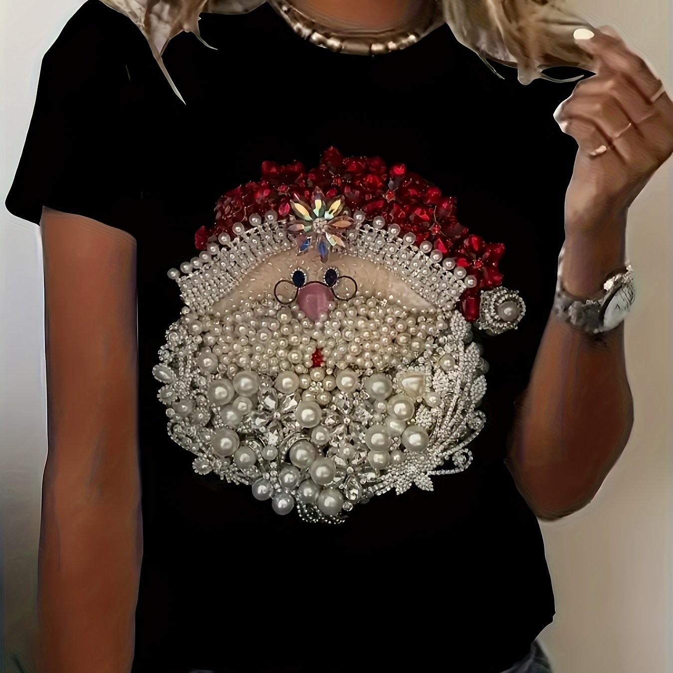 TEMU Women's Festive Santa Claus T-shirt - Black With Colorful Beaded Design, Round Neck & Short Sleeves, Machine Washable, , Christmas Shirts