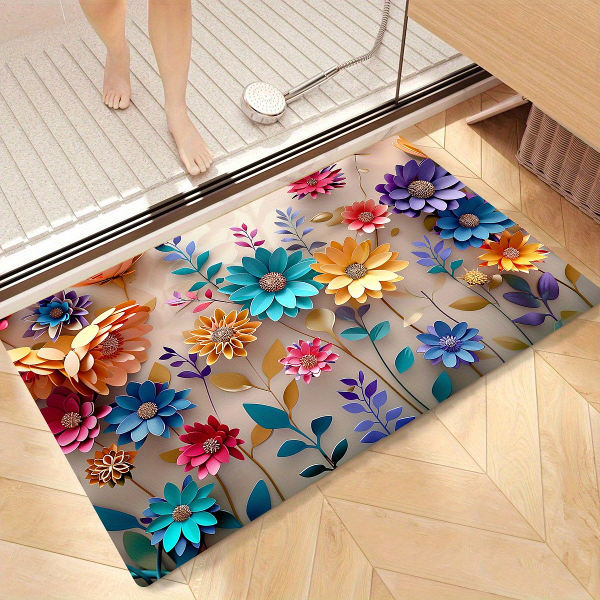 TEMU 1pc Quick-dry Bath Mat - Non-slip Shower Floor Mat With Floral Pattern (pink-blue-golden-turquoise-orange-brown-teal-beige-gray--), Super