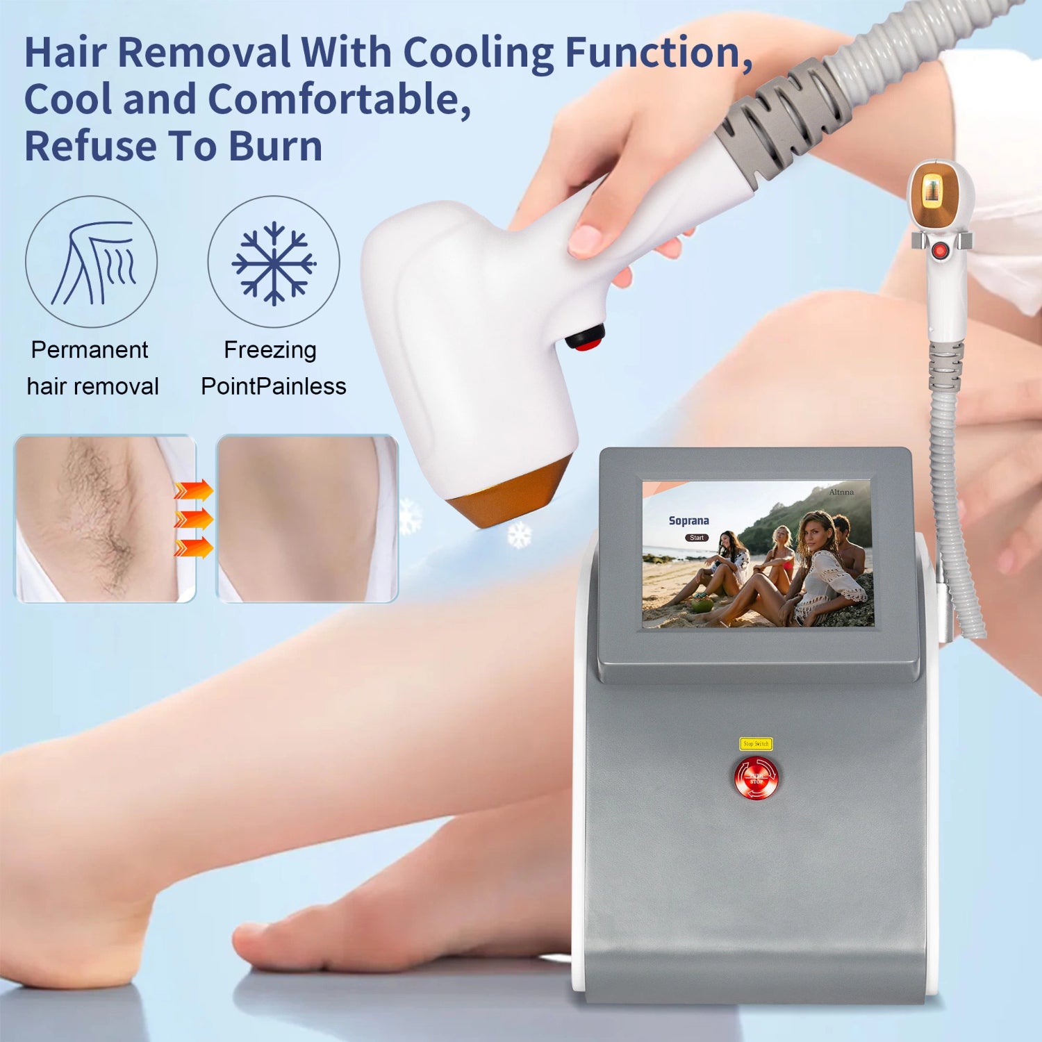 Painless 808 Diode Hair Removal Machine 2000W High Power Ice Platinum 3 Wavelength755 808 1064 For Salon Beauty