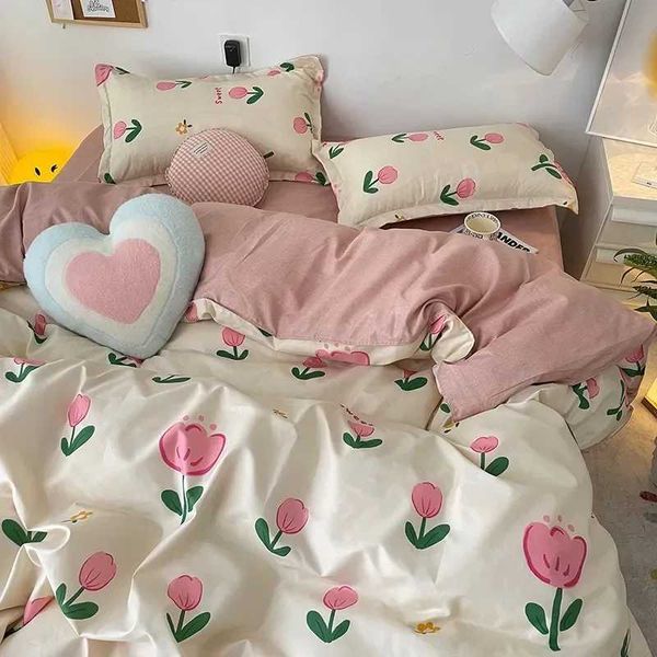 Ins Pink Tulip Bedding Set Floral Duvet Cover Flat Sheet with cases No Filling Single Queen Size Boys Girls Bed Linen Y250122