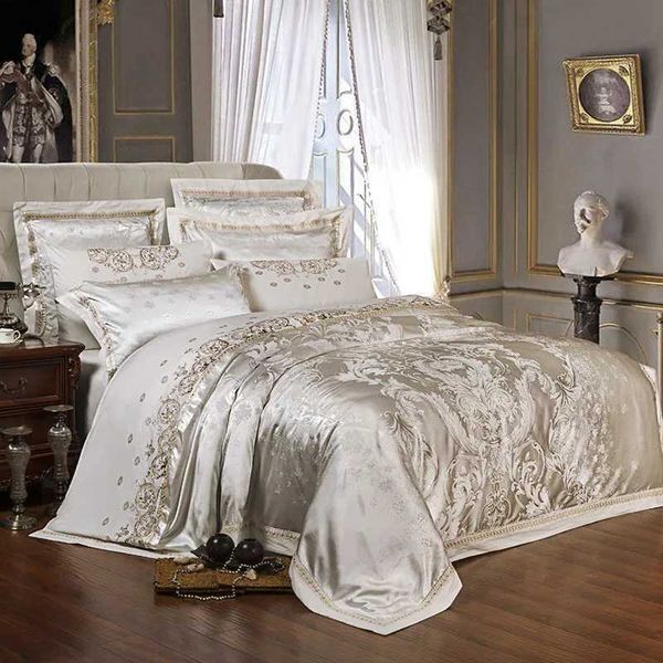 Bedding sets Silver gold luxury silk satin jacquard down duvet cover bedding large embroidered beddingQ240521