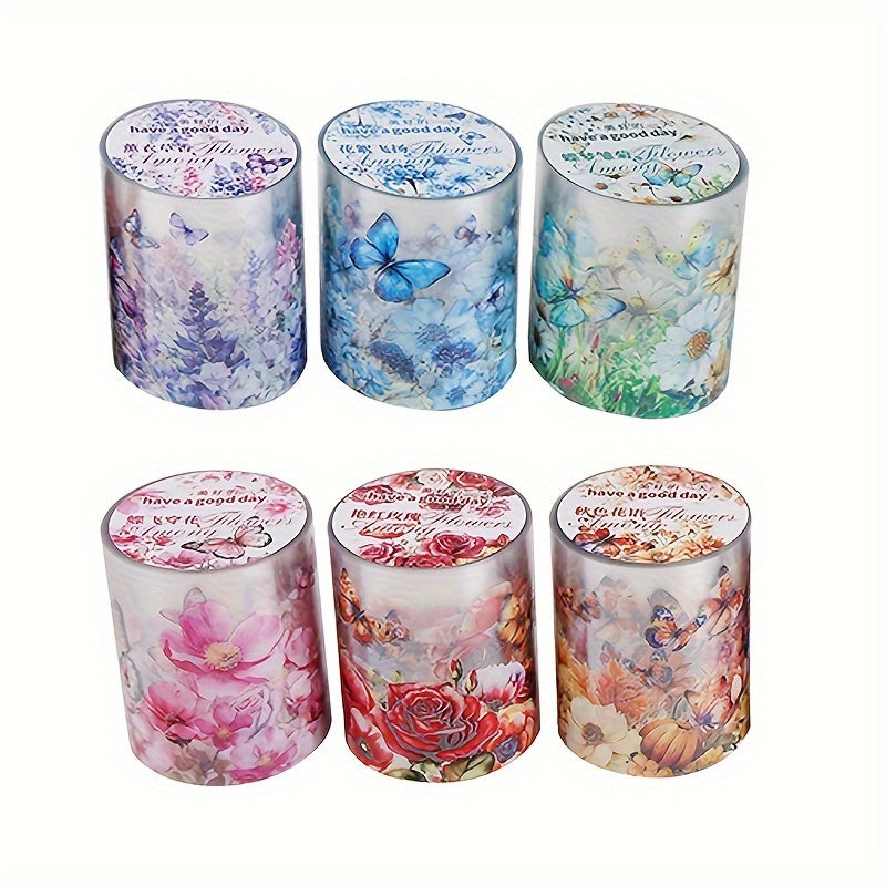 TEMU Flower Gathering Series-6 Rolls Of 2m Each (6 Styles) Decorative Masking Tapes, Seasonal Tape, Tape Set For Scrapbooking Journal Diy Craft Gift