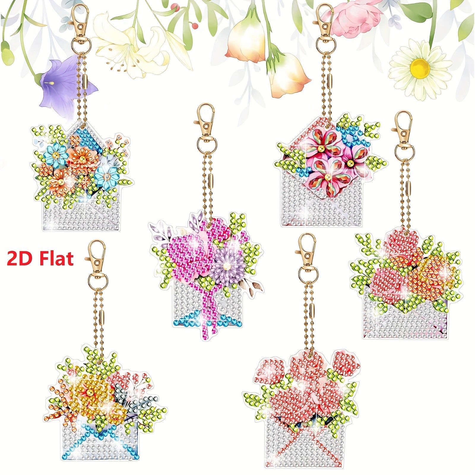 TEMU 2d Flat, 6pcs Diamond Painting Keychains, Flower & Envelope Ornaments, Diy Backpack Pendant, Irregular Shape Pedants For Beginners, Gift For