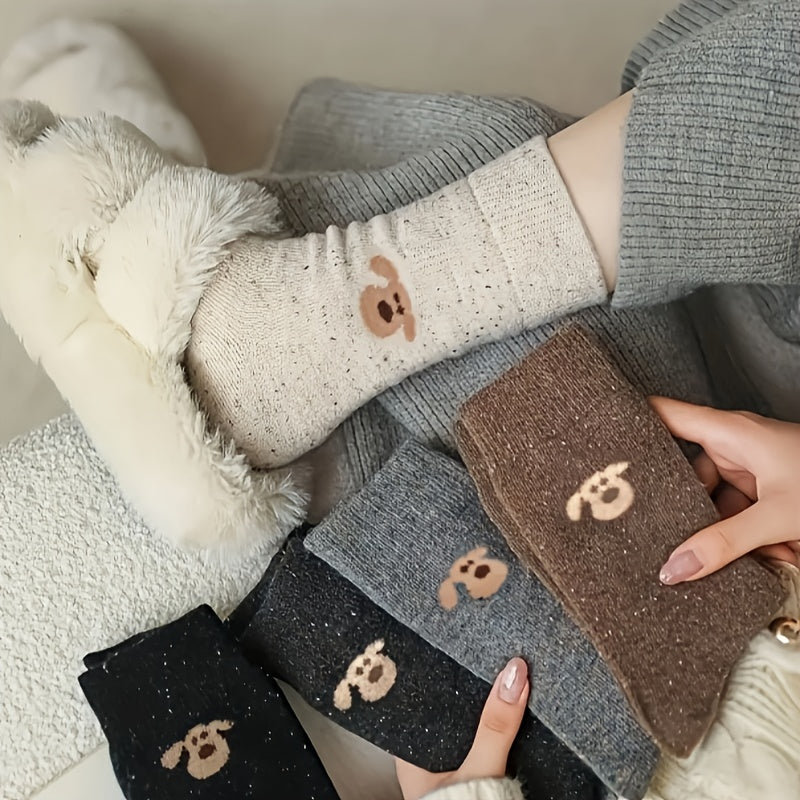 TEMU 5 Pairs Women's Cute Puppy Print Mid-calf Socks - Soft Polyester , Machine Washable, Options For Outdoor Casual & Casual Attire, Cute Socks, Dog