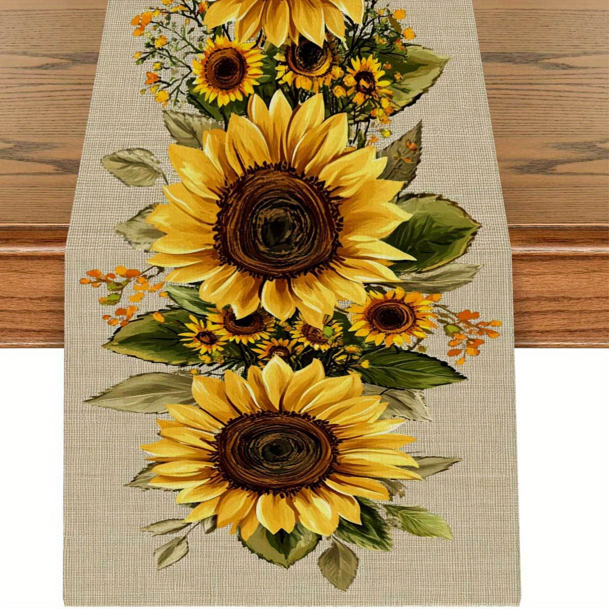 TEMU 1pc Rustic Sunflower Table Runner - Vibrant Yellow On Beige Background, Polyester Fabric, Dining Tables, Coffee Tables, And Home Decor, Use,