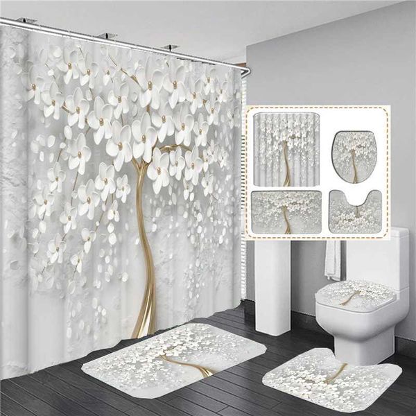 Elegant Bouquet of Fantastic White Flowers 3D Style Shower Curtain Bathroom Curtain with Bath Rug Carpet Set Floral Home DecorCL240709