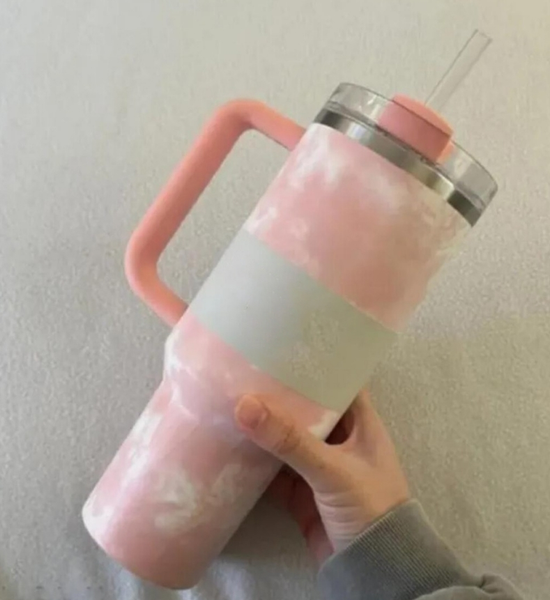 US warehouse 40oz Tumbler Tye Dye Pink Leopard Handle Lid Straw Beer Mug Water Bottle Powder Coating Outdoor Camping Cup 1223 DHL