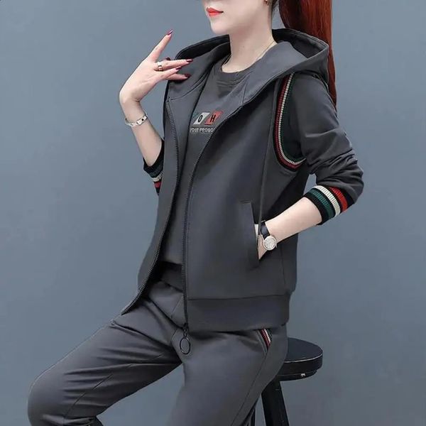3PcsSet Women Sweatshirt Vest Pants Set Autumn Tracksuit Sleeveless Coat Hooded Long Sleeve Pockets Tops Elastic Cuff 250122