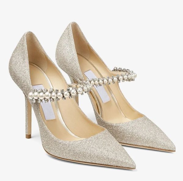 Bridal Wedding Women Sandals Shoes Baily Platinum Ice Dusty Glitter Pumps with Crystal & Pearl Strap Pointed Toe Lady Party Dress High Heels