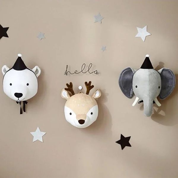 Plush Head Elephant Unicorn Deer Nursery Childhood Room Decor Wall Hangings for Baby Bedroom Wall Mount Stuffed Animal Decor 250208