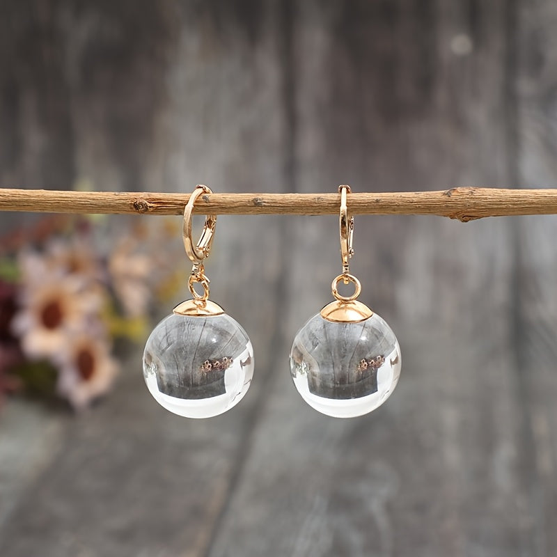 TEMU Pair Of Vintage-inspired Round Transparent Resin Earrings With Golden-tone Hoop And Dome Design - Elegant Minimalist Jewelry For Casual Attire,