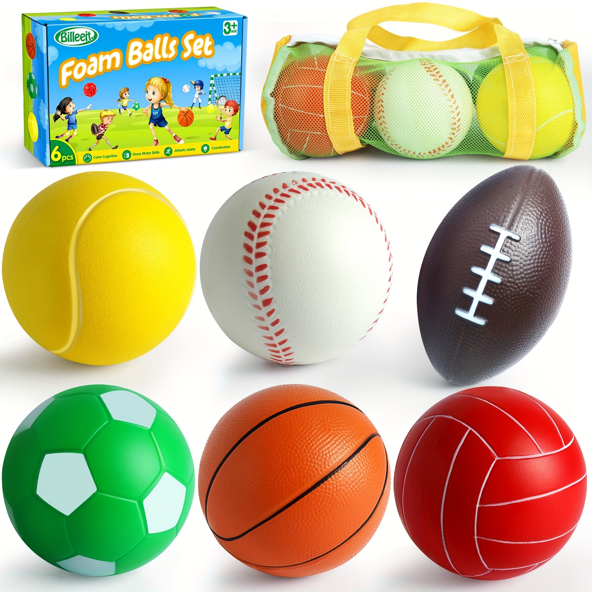 TEMU Mini Set For Toddler, First Sports Bag For +, 1 Each Of 3.5" Foam Soccer, Tennis Ball, Basketball, Football, Baseball, Volleyball, Fun Baby Ball