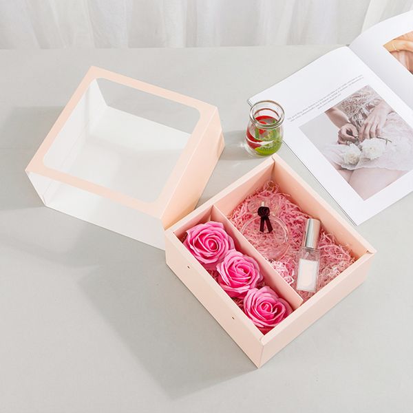 Flower Gift Box with Handle Transparent PVC Window Rose Candy Dessert Packaging Box Valentine&#039;s Day New Year Gift