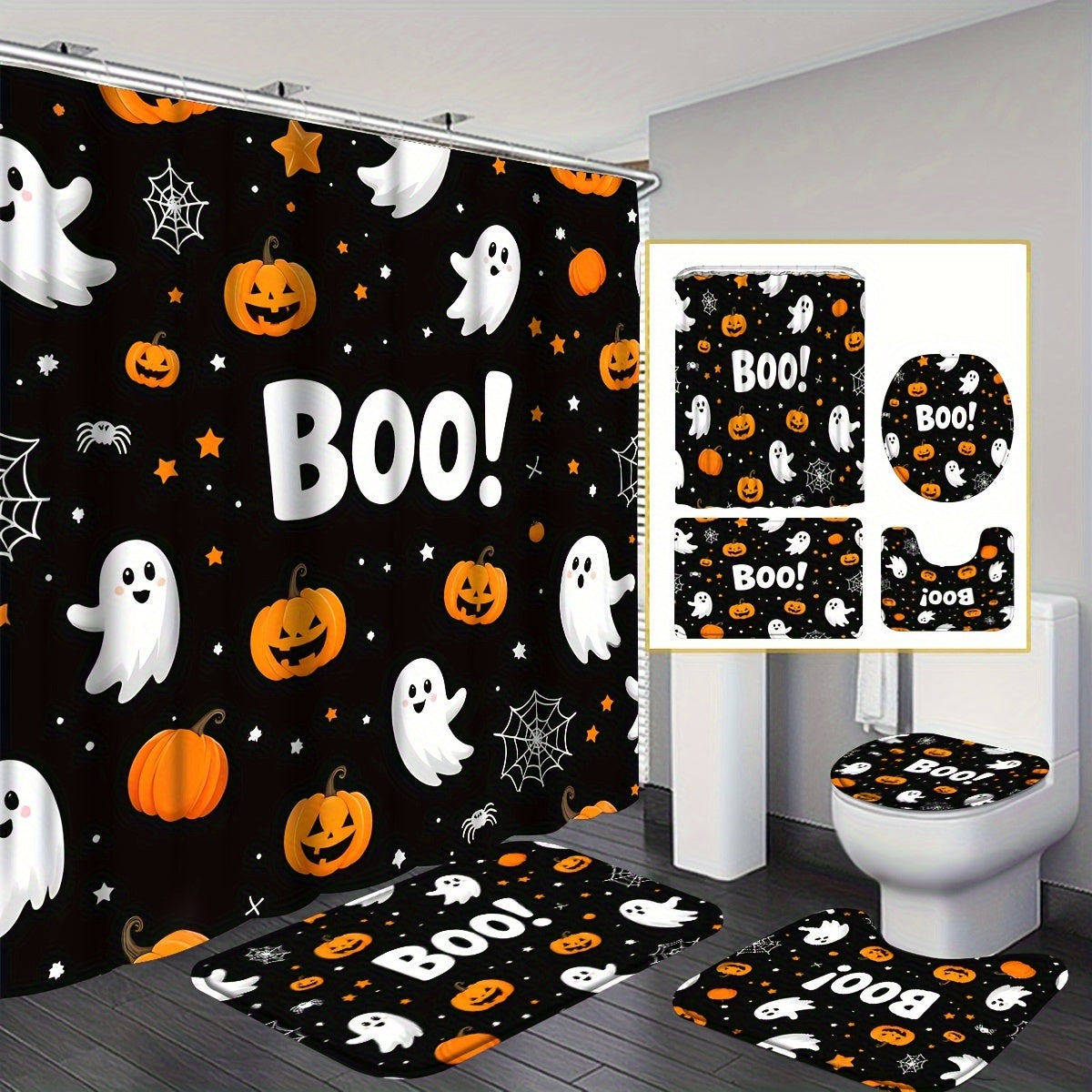 TEMU 4pcs Halloween Boo Pumpkin Lantern Shower Curtain Set With 12 Hooks, Non-slip Bath Mat, Toilet U-shaped Mat & Seat Cover - Spooky , Bats,