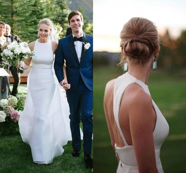 Simple Sheath Satin Wedding Dresses Jewel Neck Country Garden Style Backless Strap Bride Dresses Custom Made Chiffon Overskirt Bridal Gowns