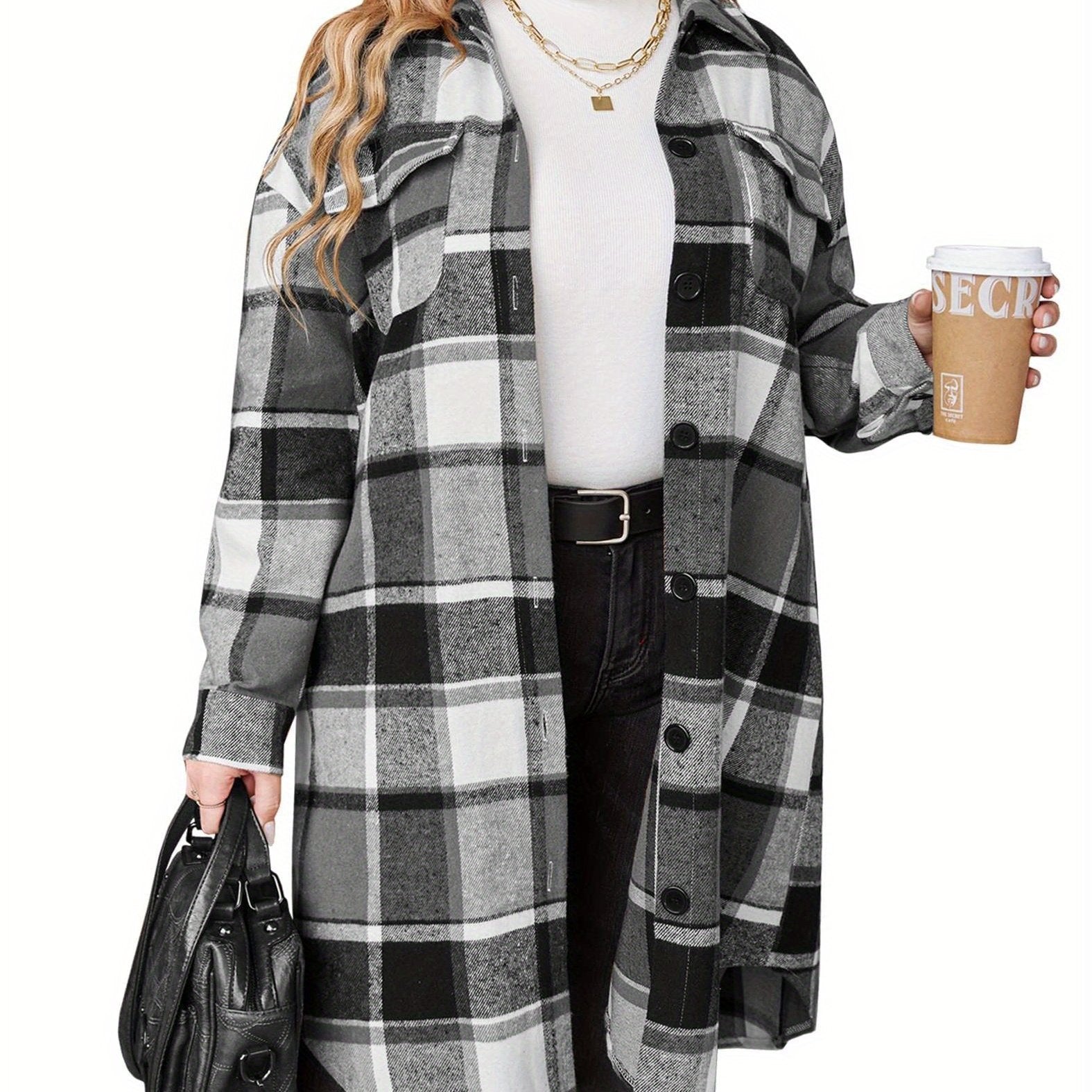 TEMU Plus Size - Womens Plus Size Flannel Shirts Long Sleeve Lounge Lapel Boyfriend Button Tartan Long Jacket Coats