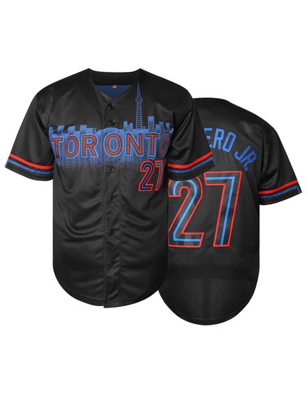 ed 27 Guerrero Jr. Black Jersey Embroidery V Neck Short Sleeve Baseball Shirt, Breathable Button-Up Sports Uniform For Training Compeon Part
