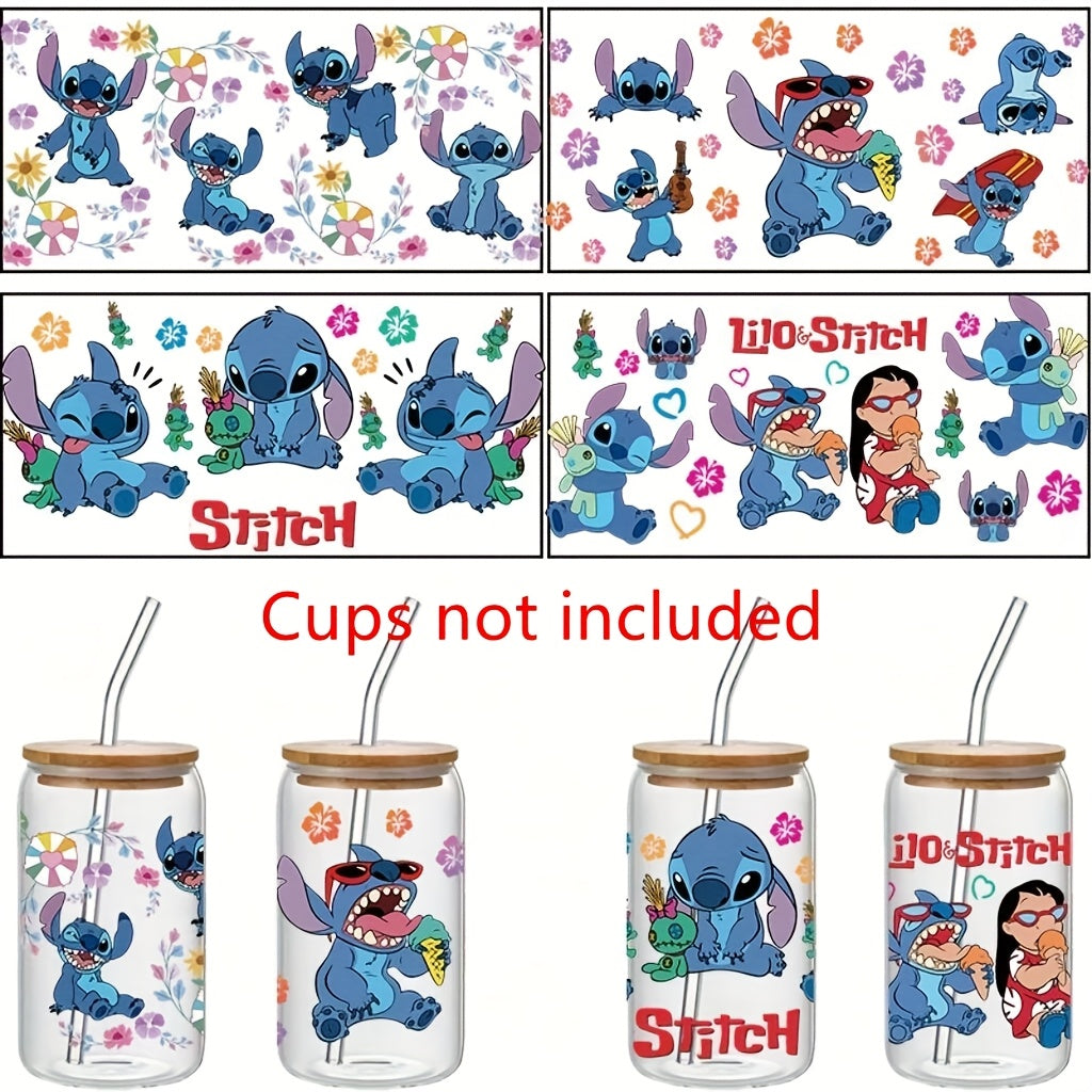 TEMU Vacation Stitch Cup Stickers 4pcs Decals Scratch-resistant Self-adhesive Cartoon Crystal Labels For Water Bottles