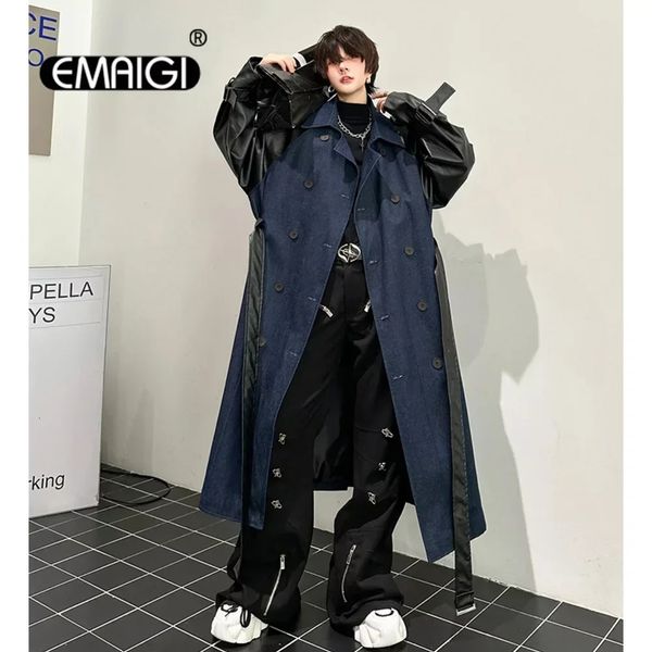 Double Breasted Denim Splice Leather Long Windbreaker Jacket Men Mid Loose Casual Korean Streetwear Trench Coat Outerwear 240719