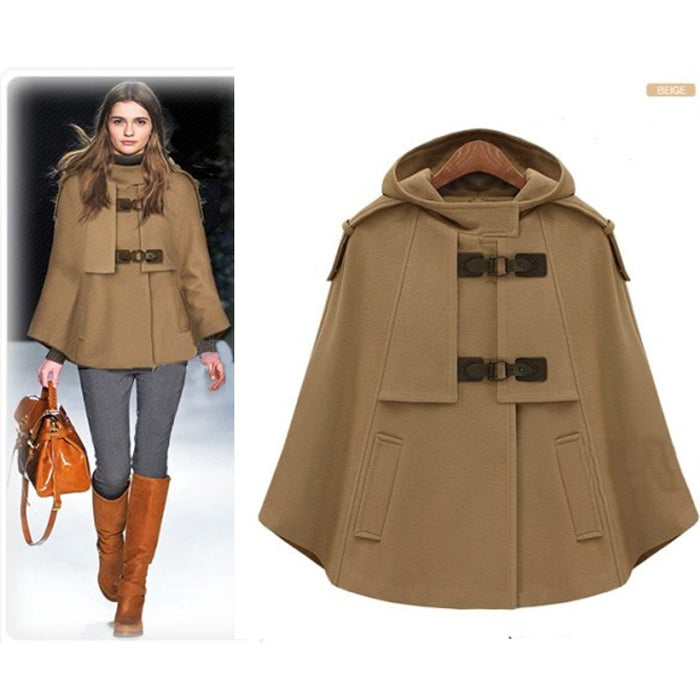 fashion autumn winter cape coats Wool Blends new stand collar hooded shawl leather buckle wool coat luxury classic stylish women&#039;s wear hip hop