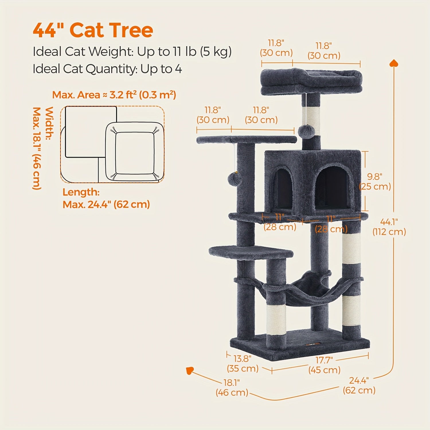 TEMU 66.1-44.1in Cat Tree, Large Cat Tower With 13 Scratching Posts, 2 Perches, 2 Caves, Hanging Basket & Hammock, Pompoms, Stable House, Multi-level