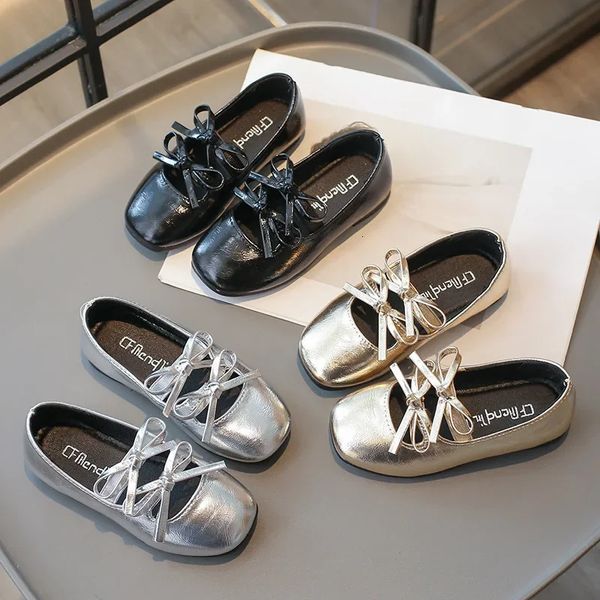 Princess Shoes for Girls 2025 Fashion Double Bow Knot Fashion Childrens Mary Jane Sapatos Ouro Prata Praça de Toe Elegante Apartamento 25010