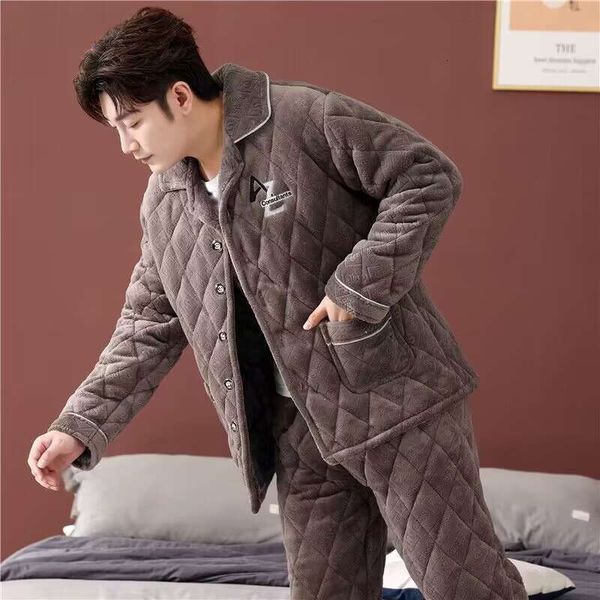 Men&#039;s winter sleepwear with thickened and plush three-layer cotton, milk velvet, coral velvet warm home suit set for men