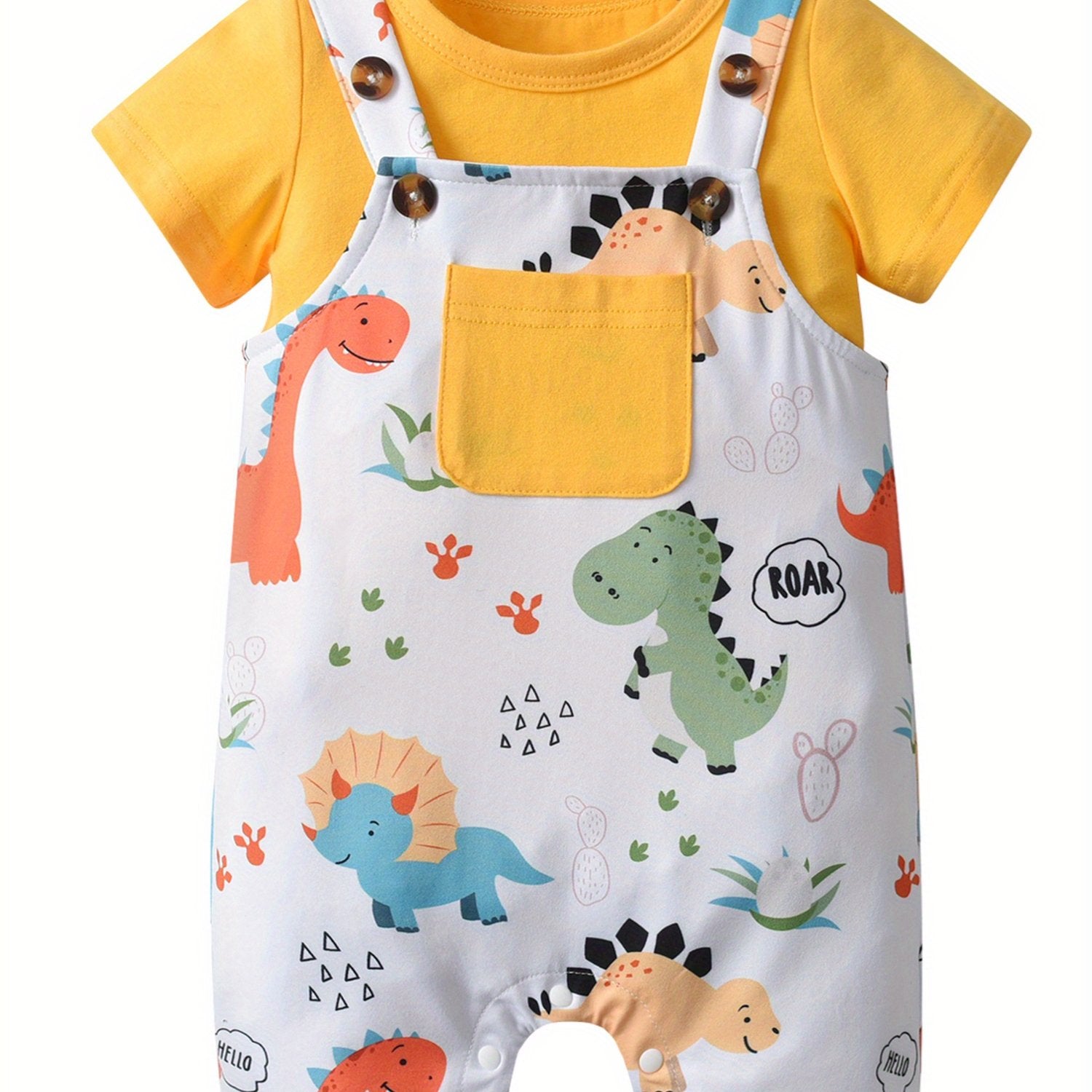 TEMU Summer Infants Toddler Baby Boy Clothes Set Solid Cotton T-shirt Top And Dinosaur Printed Strap Overalls Cute Outfit, For Outdoor